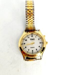 Time Watch Quartz Unisex Gold Tone White Dial Metal Band NEW BATTERY Runs